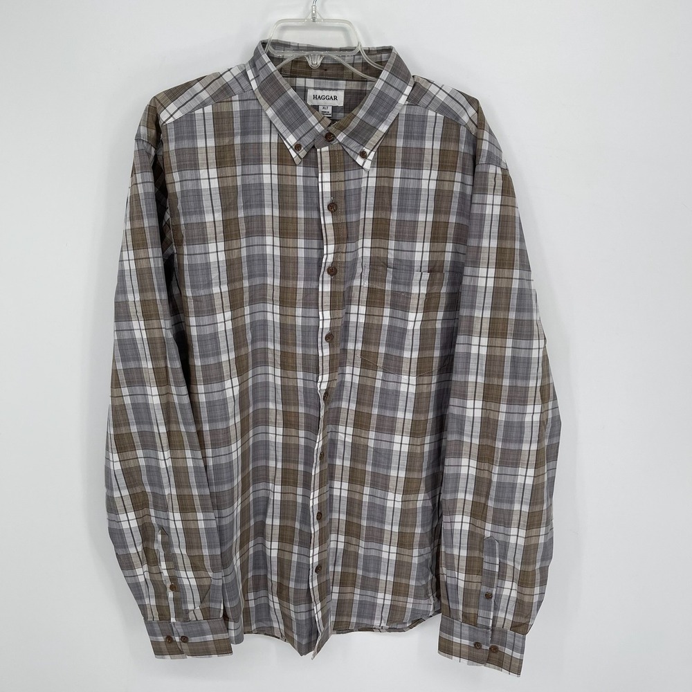 Haggar Men's‎ Brown Plaid Long Sleeve Button Down Shirt Size XLT